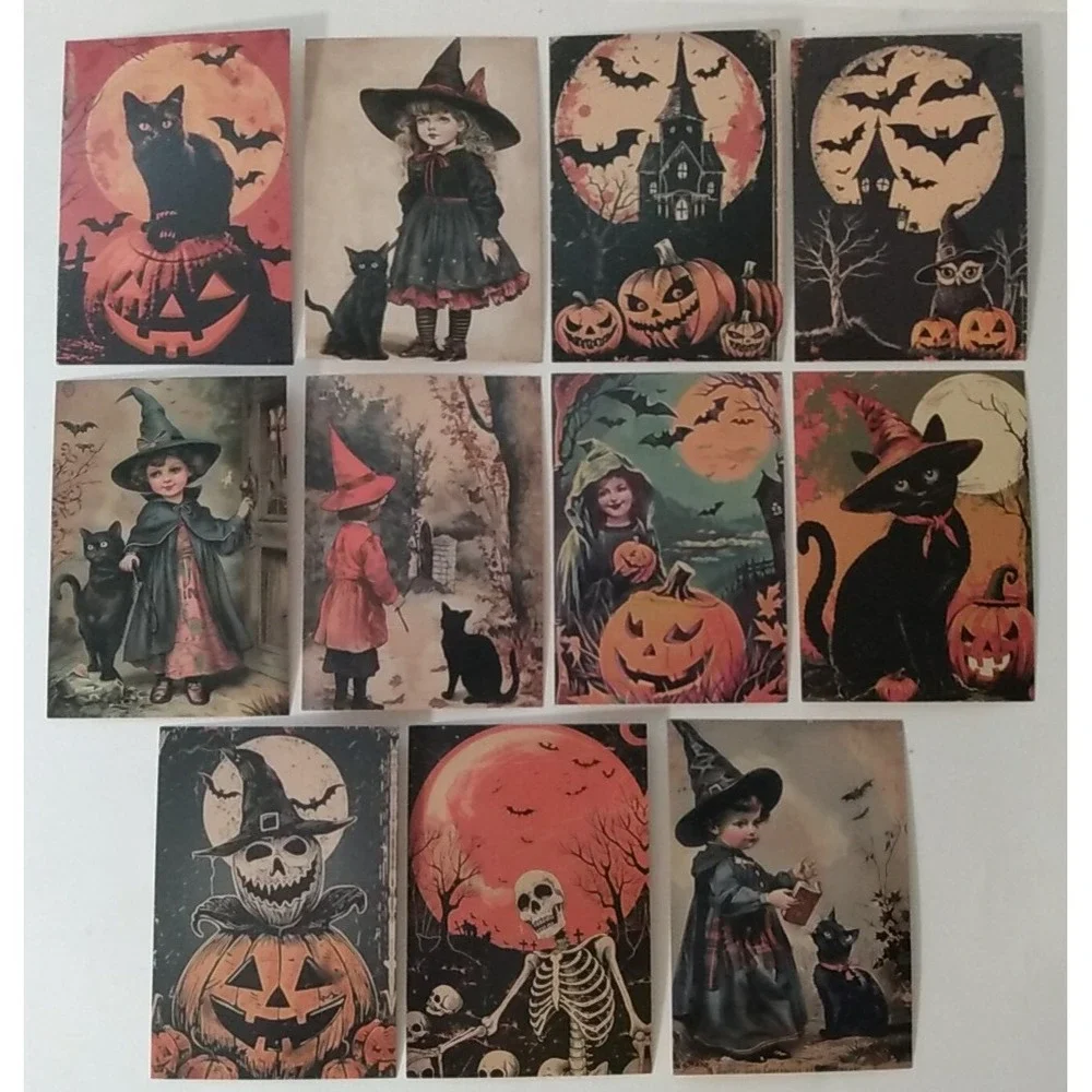 11 Halloween Postcard Lot Retro Witch Pumpkin Bat Skeleton Cat Reproduction NEW